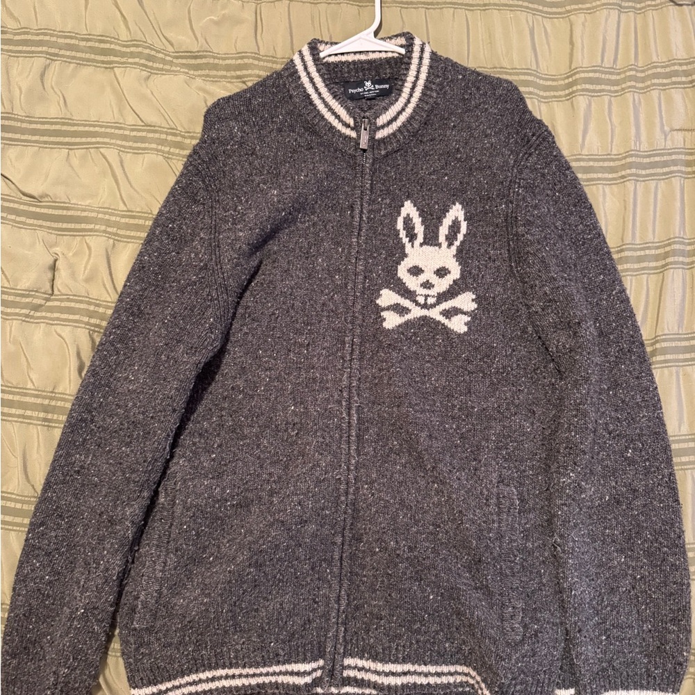Psycho Bunny Charcoal Zip-Up Sweater with Skull Bunny